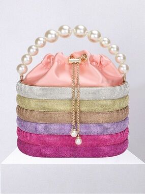 Pearl-Handle Pink Satin Drawstring Women’s Bag